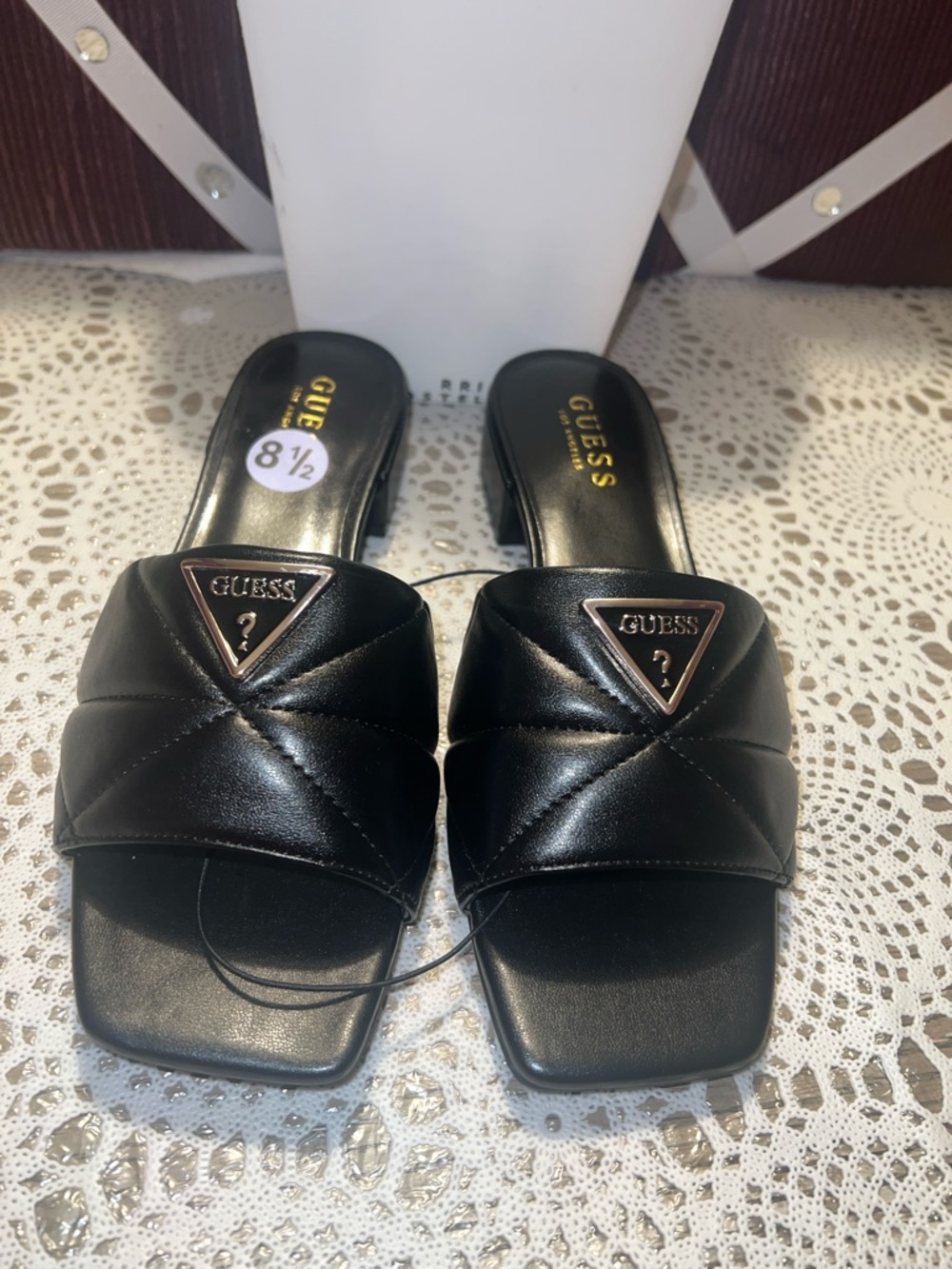 Guess Black Quilted Slide Mules with Logo Triangle